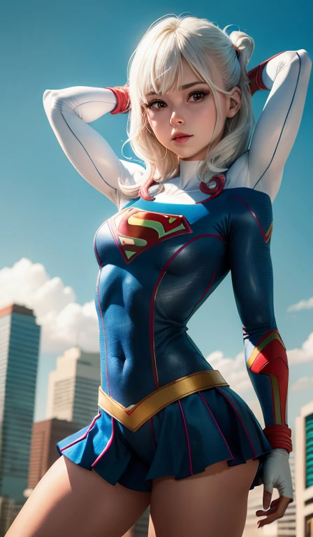 4k, realista, charismatic, muito detalhe, There's a girl at the top of town, vestindo o figurino da Supergirl, She's a super girl, white superhero theme, cabelo longo loiro, 25 anos, corpo inteiro