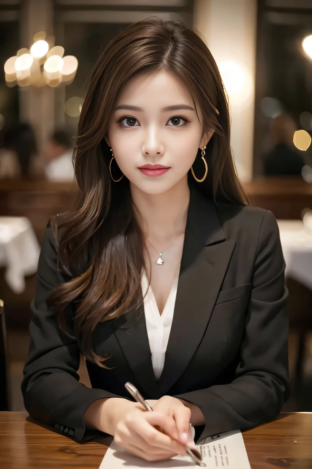 masterpiece, highest quality, Realistic, Very detailed, Finer details, High resolution, 8k wallpaper, One beautiful woman, Wear casual business attire, In a great restaurant, At night, Light brown messy hair, Perfect dynamic composition, Beautiful and beautiful eyes、Big earrings