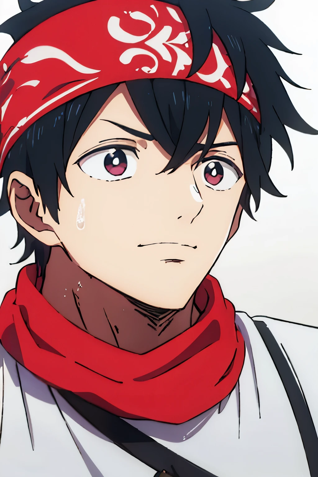 Crie um personagem masculino de cabelo preto e comprido, with a red and white bandana on his head
