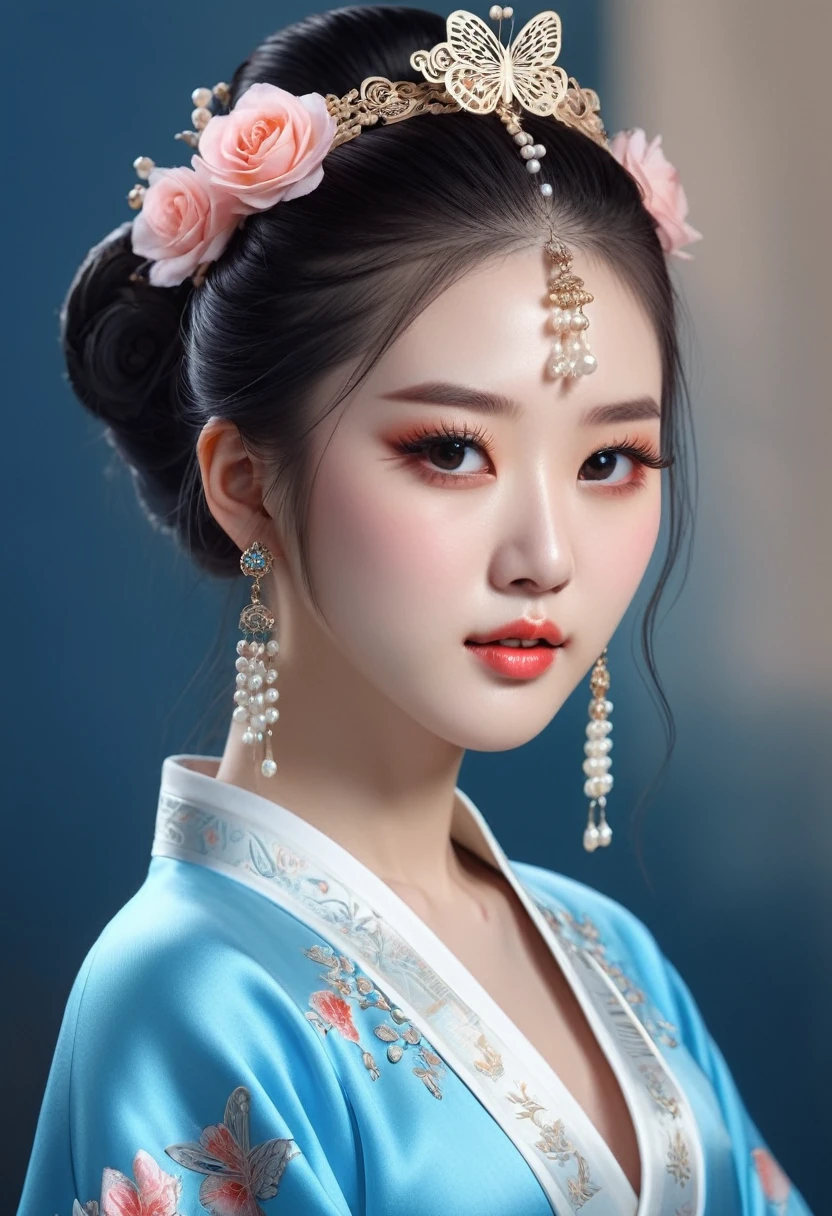 (masterpiece, best quality:1.2,lifelike:1.37), Stunning details,,Chinese style illustration:(1 girl,whole body),Exquisite facial features,Detailed drawing of eyes,eyelash,blush,Long hair,Exquisite makeup,The pearls on her head are beautiful,blue华丽的汉服,Garden background blurred,simple,Glowing Butterfly,blue:1.37,Huge roses:1.37