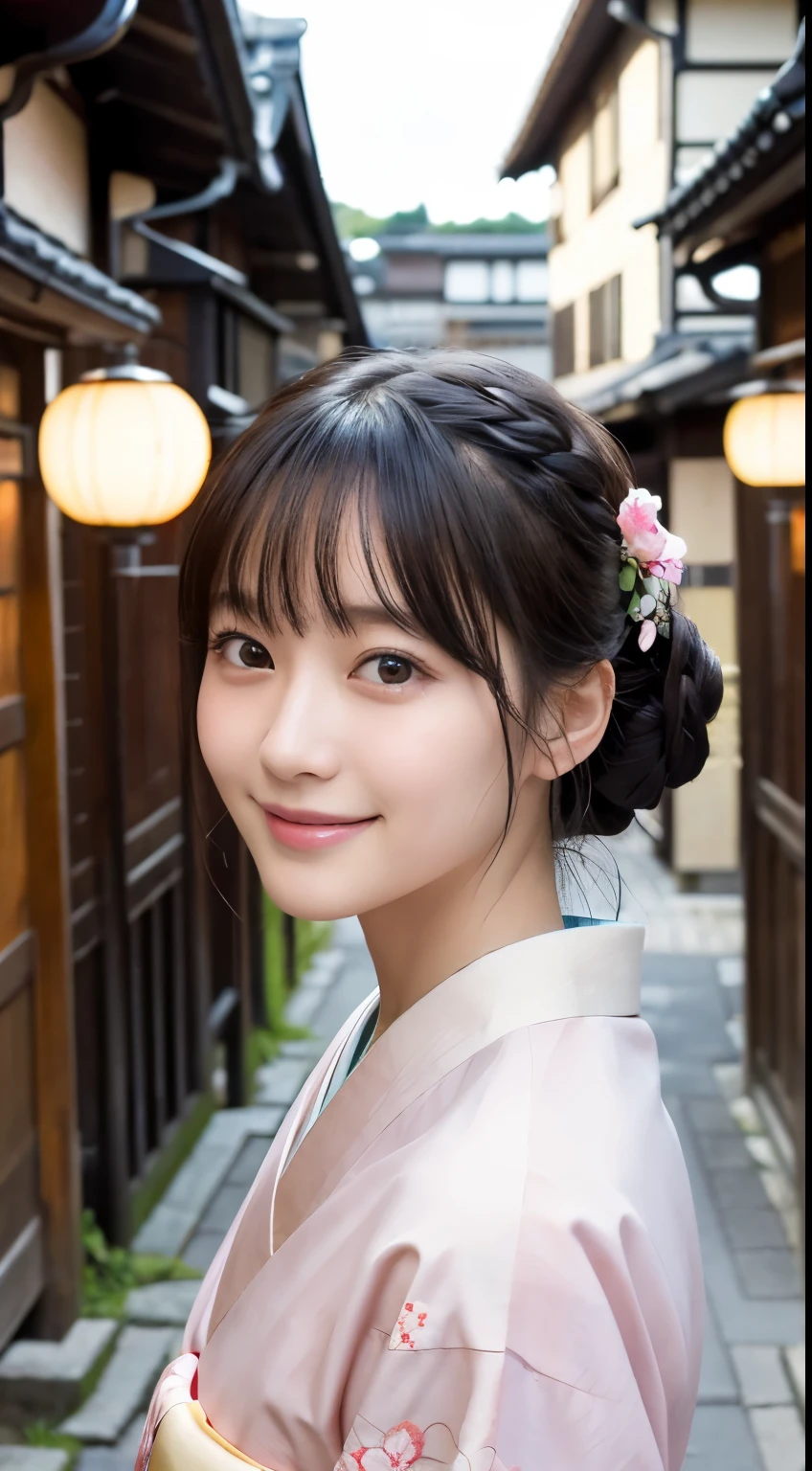 Professional Lighting,(Photorealistic:1.4), (Top image quality:1.0), (超A high resolution:1.0), 8k, Raw photography, (masterpiece:0.2), (Facing the children_v1:0.5)、(最高quality Detail:1.2)、Realistic、8K Ultra HD、High resolution、(1 girl:1.2)、超detailedな、High quality textures、複雑なdetailed、detailed、Very detailed CG、High quality shadows、detailed 美しく繊細な顔、Beautiful details and a delicate eye、(Symmetrical eyes:1.2),Written boundary depth、Ray Tracing,1 girl, Japanese Girls, (Natural smile:1.4),cute, thin, Portrait of a beautiful Japanese woman in a kimono, Standing elegantly on a street corner in Kyoto. Kimono with vibrant traditional patterns, Hair decorated with elegant and delicate hairpins, Gentle expression. (With the old streets of Kyoto in the background:1.4)、The soft light of a spring afternoon、Adding tranquility to the scene. Rendered in a Realistic style with great attention to detail, High resolutionの画像.Sky Porn, Magic Hour, (Realistic:1.3), finely, quality, (Tabletop:1.2), (Realistic:1.2), (最高quality), (複雑なdetailed), dramatic, Ray Tracing, photograph, +roller
