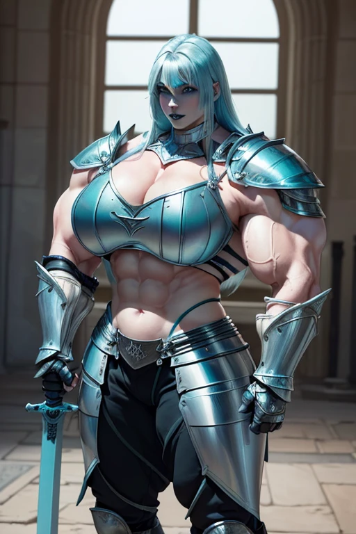 ((((Massive, tall, beautiful, buff, pale white skinned muscular female knight with cyan hair, black lipstick, ginormous bulky muscles, holding a sword and wearing an all cyan gleaming knight armor with hauberk and pants)))), (close view), black eyeliner, massive muscles, massive biceps, hyper muscle triceps, (beachy long hair), purple eyes, knight boots, In a castle, hauberk, steel knight armor, armor breastplate, nighttime, confident smile, (hyper muscles arms), hyper muscle legs, (ginormous arms))