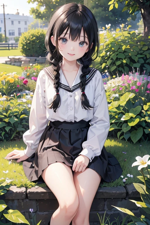 (8k, highest quality, Tabletop:1.2)、Ultra-high resolution、Ultra-detailed, Cowboy Shot, 1 girl aged 13, Detailed face、smile, black eye, Black Hair, Braid, White socks, Black Loafers, Black Sailor Suit, White panties, garden, flower bed, Sitting on the grass