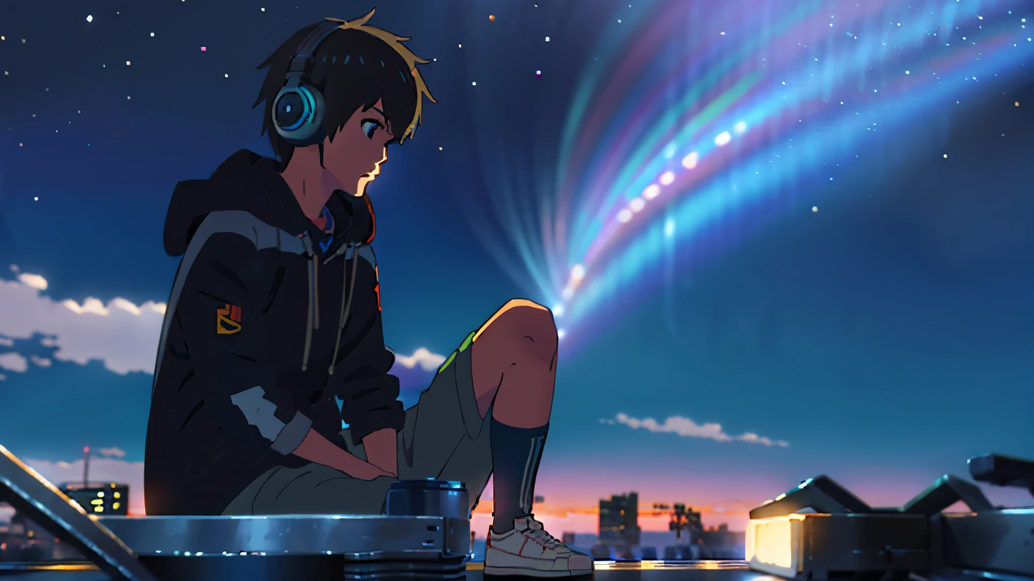 Gazing at the night sky、A young man wearing headphones、Knee、Wide angle、Country town、makoto shinkai、Detailed Description