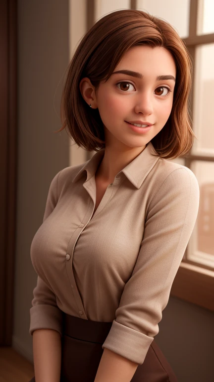 30-year-old woman,architect,short brown hair,round face,charming smile,slightly slanted brown eyes,elegant low-cut shirt,large breasts,painting materials,ultra-detailed,realistic,studio lighting,vivid colors,sharp focus,portrait,soft color tones,warm lighting