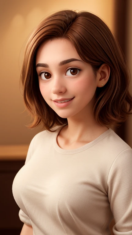 30-year-old woman,architect,short brown hair,round face,charming smile,slightly slanted brown eyes,elegant low-cut shirt,large ,painting materials,ultra-detailed,realistic,studio lighting,vivid colors,sharp focus,portrait,soft color tones,warm lighting