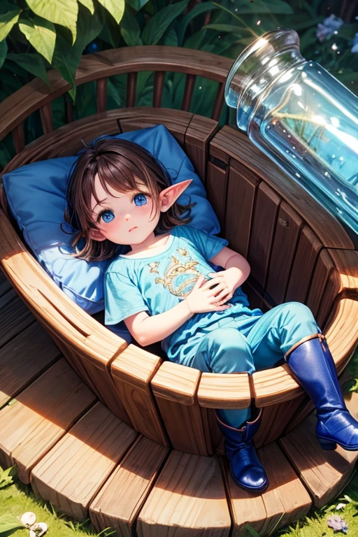 Elf baby, 1 year old, messy brown hair with blue eyes, blue medieval baby clothes, light blue pants, blue t-shirt with a bottle in hand, light blue boots in a crib magical forest background in a wooden crib