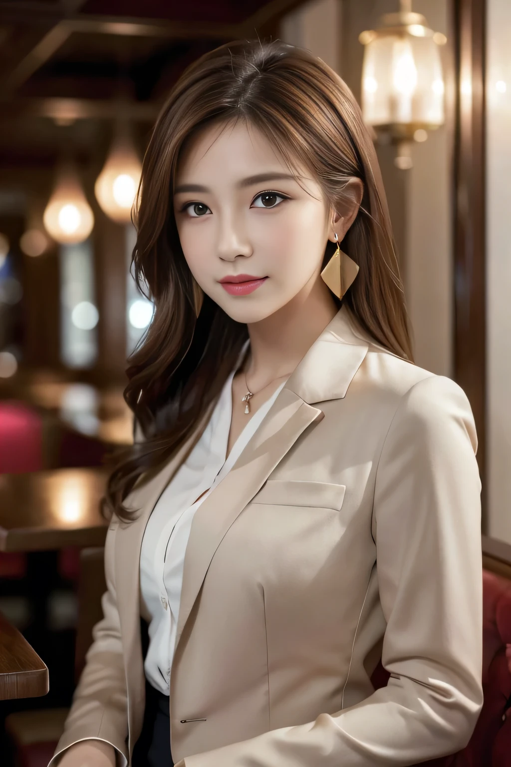 masterpiece, highest quality, Realistic, Very detailed, Finer details, High resolution, 8k wallpaper, One beautiful woman, Wear casual business attire, In a great restaurant, At night, Light brown messy hair, Perfect dynamic composition, Beautiful and beautiful eyes、Big earrings