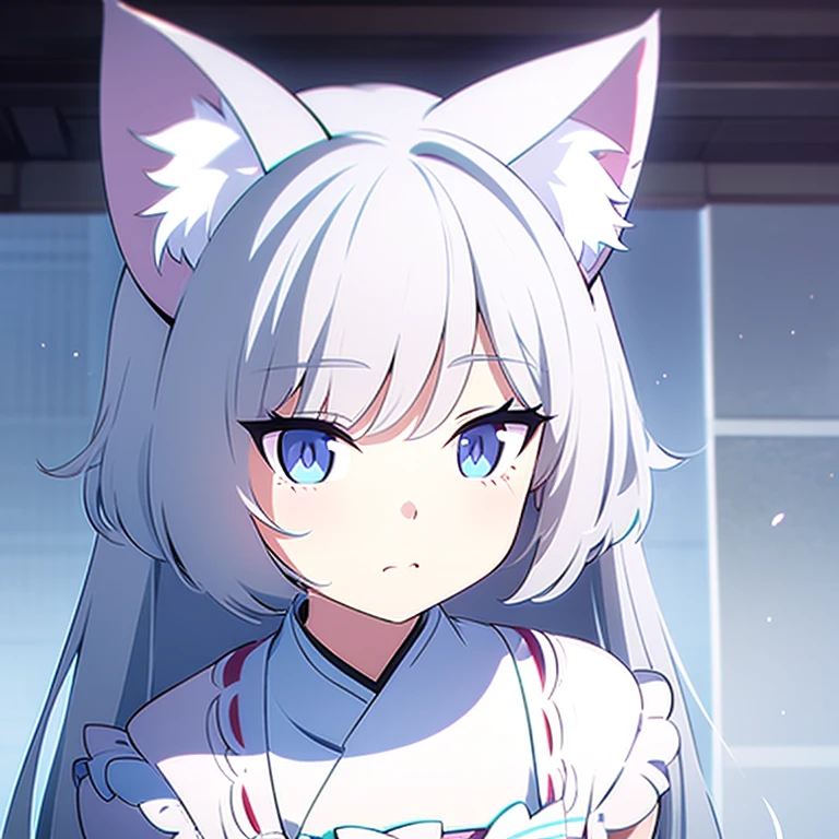 Neko girl, cute, pretty, 5'4, Japanese, cat ears, cat girl,light blue-grey hair, maid, anime, one pair of ears, fluffy tail