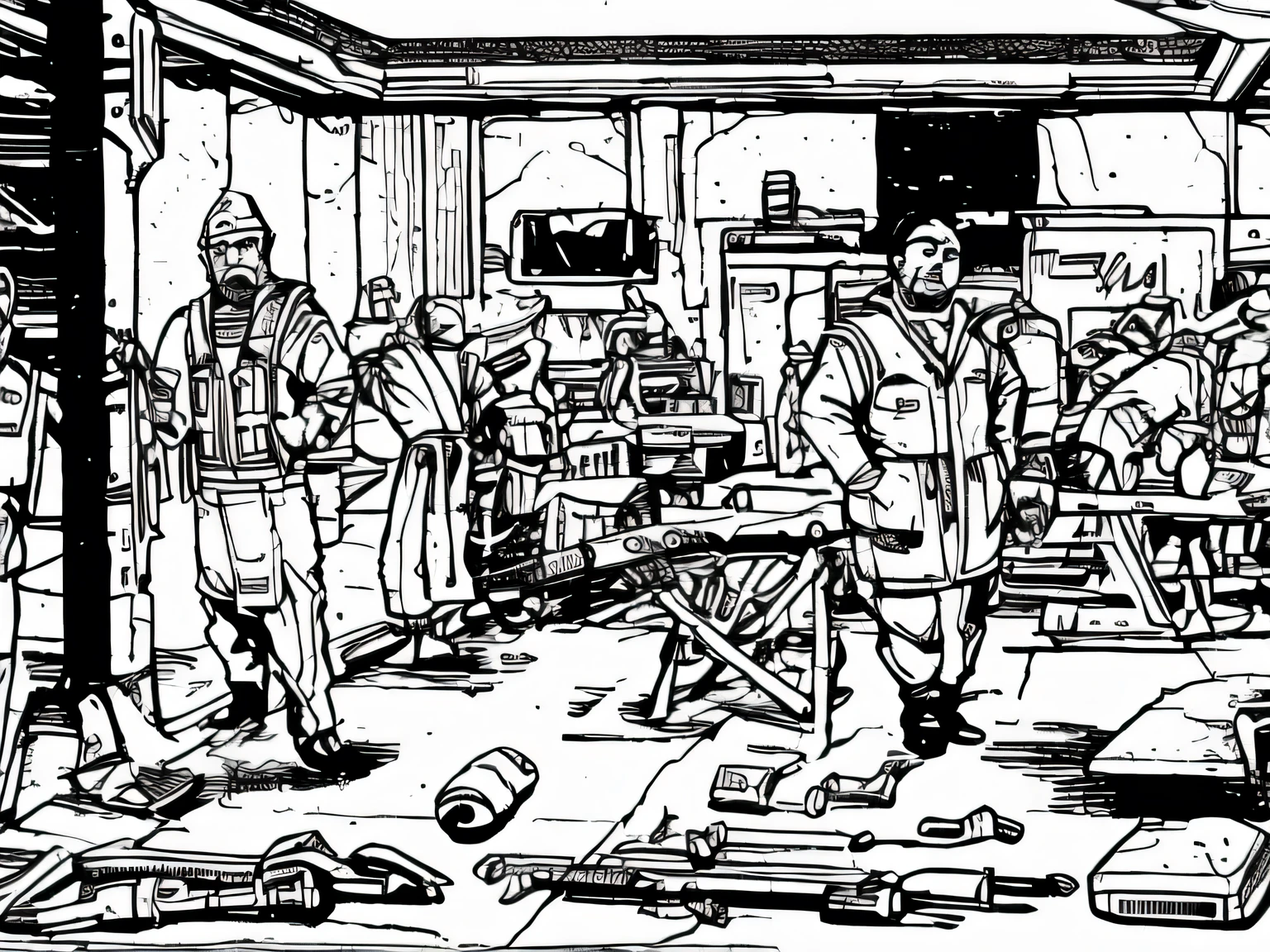 ((1 man, grey scale)), vest, sci-fi, pistol, tools, weapons, suit, speaking, worn out, guards, helmet