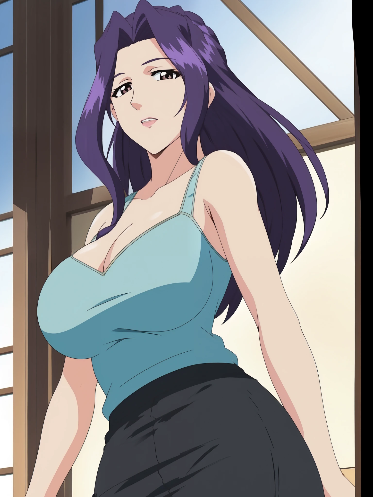 Armpit Show,No sleeve,One girl, alone, Long Hair, Large Breasts, Cleavage, Brown eyes, good, Purple Hair, black isress, ,Short skirt,  , Mature Woman, wiisow, :is, (masterpiece: 1.0), (Highest_quality: 1.0), 