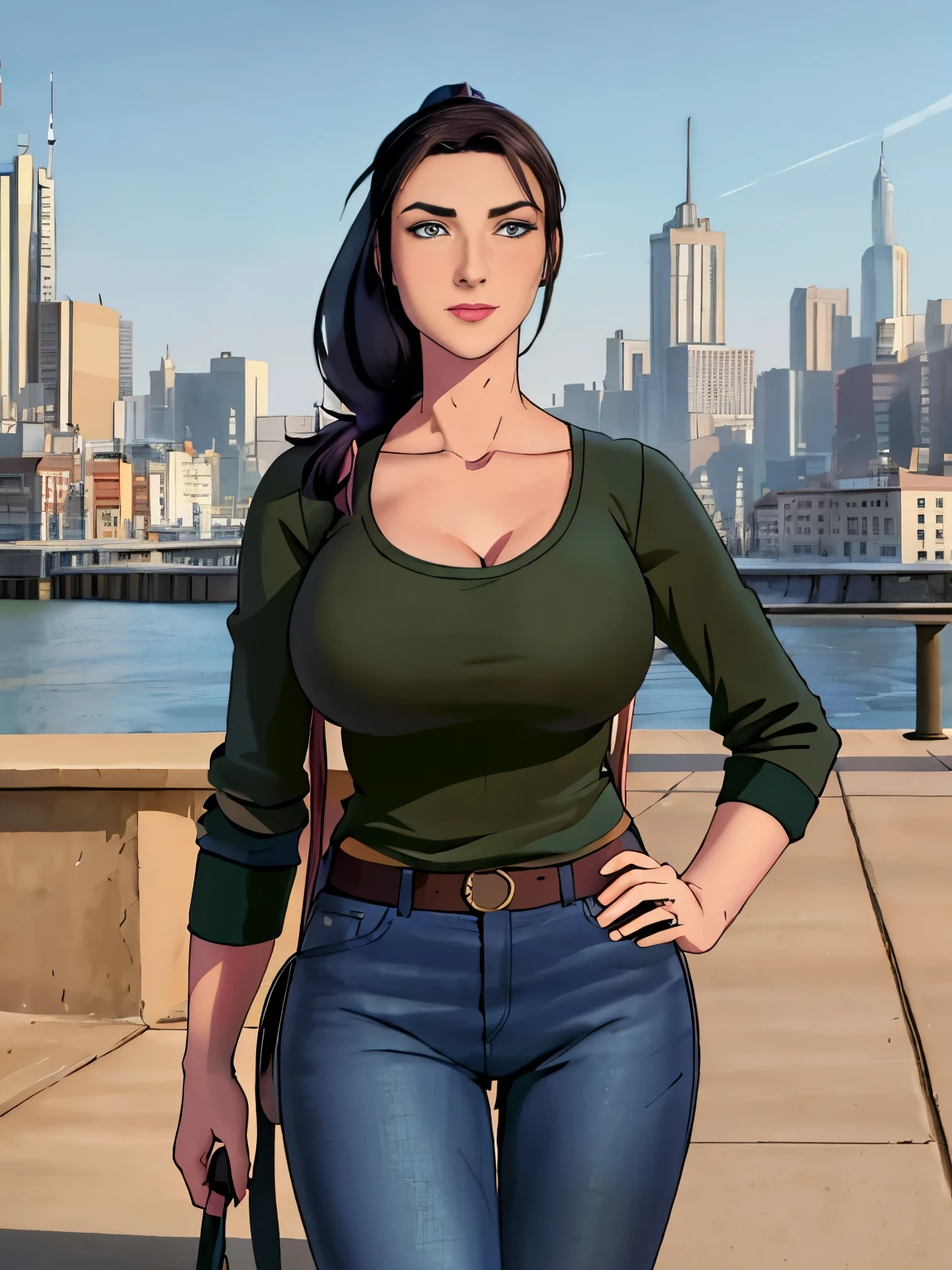 (masterpiece, top quality, best quality, official art, beautiful and aesthetic:1.2), (1girl:1.3), dark brown hair pulled back, elegant updo, extremely detailed, portrait, looking at viewer, facing viewer, solo, (full body:0.6), detailed background, close up, kindly eyes, (warm summer park theme:1.1), busty woman, charlatan, smirk, mysterious, long hair, huge ponytail, slim, thin, athletic, womanly, elastic woman, dark green jacket, tank top, blue jeans, hair bandana, camera bag, brunette, city, heroic, cheerful, city exterior, park, street, daylight, soft lighting, natural lighting, athletic, strong, slim waist, slim hips, long legs, muscular legs, modern (city park exterior:1.1) background, bright mysterious lighting, shadows, magical atmosphere, dutch angle, (Abigail Shapiro)