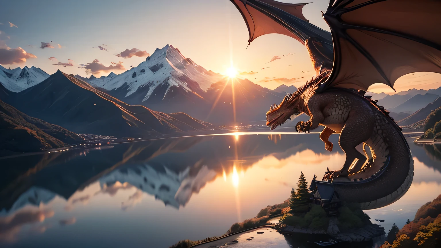 Realistic dragon spirit flying over a Japanese lake with majestic mountains and the sun setting in the distance