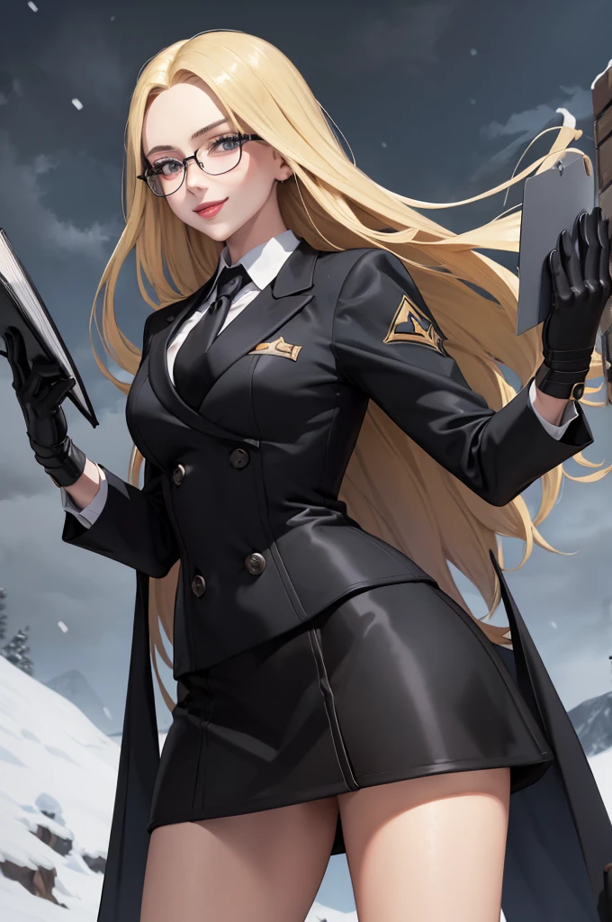 masterpiece, best quality, Kolin, Glasses, Black shiny skirt suit, (((3-piece-suit))), tie, suit, suit, Vest, tight skirt, snow, Gray sky, Black gloves, Holding a clipboard, Smile, Looking at the audience, permanent