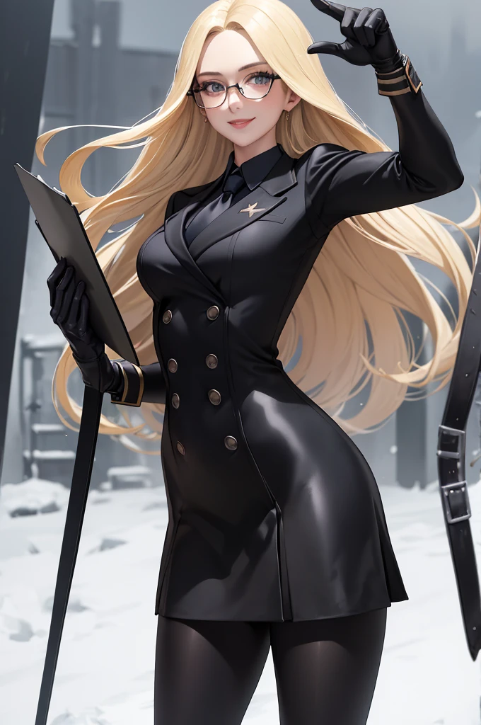 masterpiece, best quality, Kolin, Glasses, Black shiny skirt suit, (((3-piece-suit))), tie, suit, suit, Vest, tight skirt, snow, Gray sky, Black gloves, Holding a clipboard, Smile, Looking at the audience, permanent