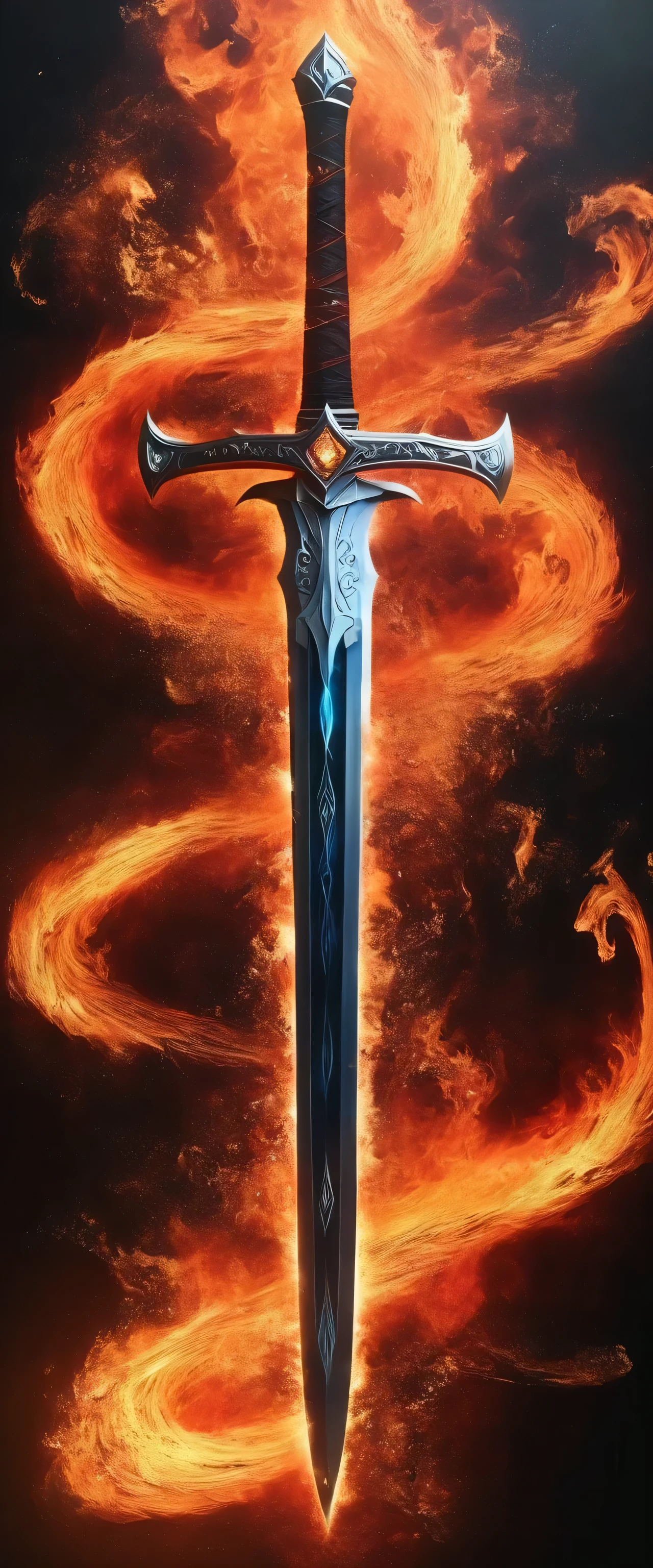 Close-up of a sword,The sword is burning with flames in the air, Flaming Sword, Fantasy Sword, Glowing sword, holding a Flaming Sword, Beautiful sword, Epic Fantasy Weapon Art, Magic Sword, Magic Sword, Sword Design, Fantasy Sword of warrior, fire and ice, wielding a Flaming Sword, Epic fantasy digital art style, fire staff, Glowing sword in hand