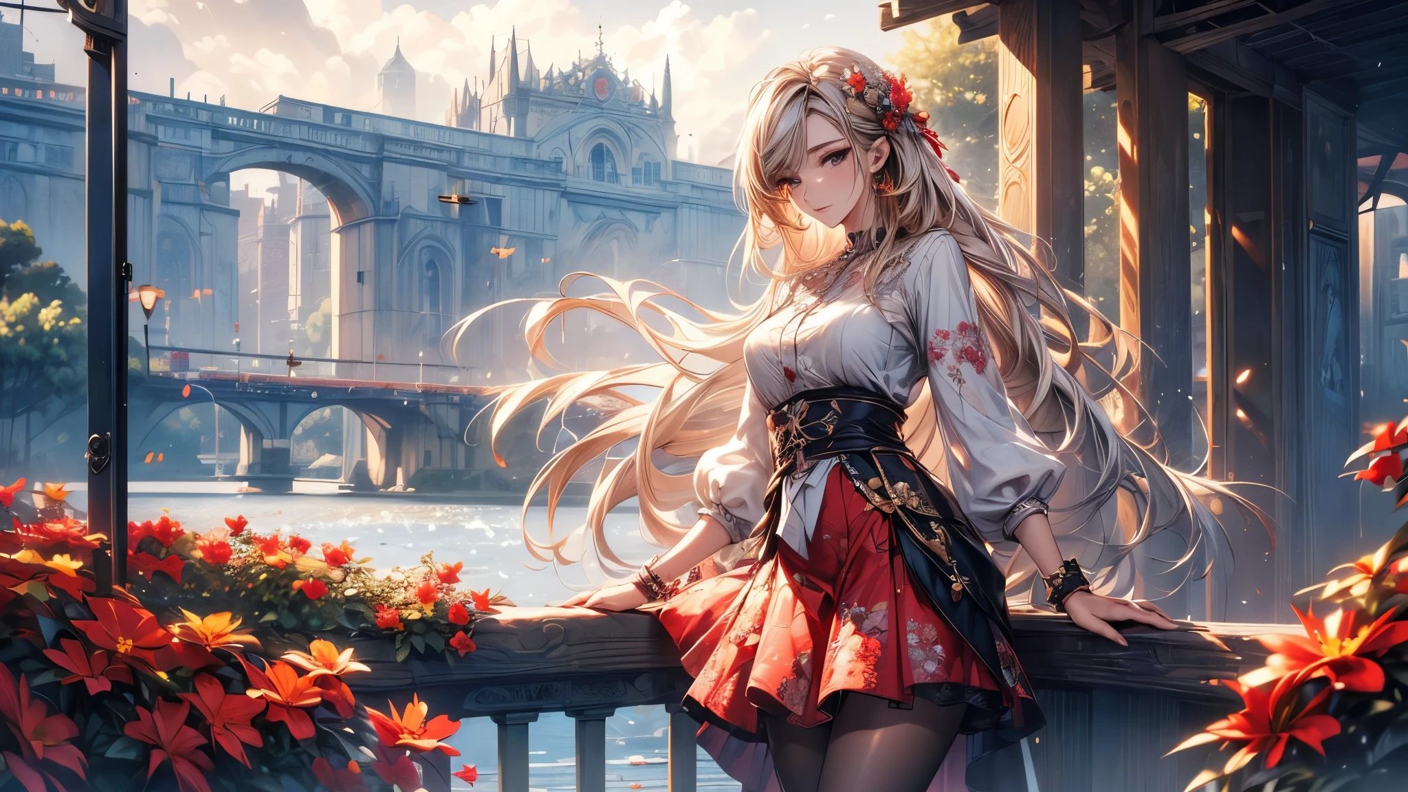 ((best quality, 8k, masterpiece: 1.3)), 1 Girl, Slim beauty: 1.3, (Long hair: 1.2), Floral Skirt, Long legs: 1.1, Super delicate face, Beautiful eyes, Double eyelids, outdoor, Octane Render