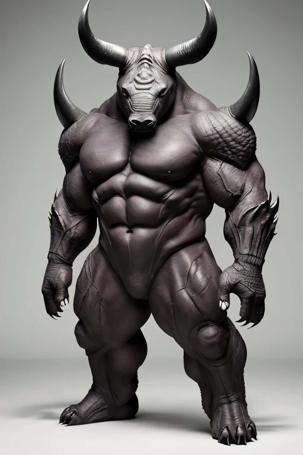 monster、mammalian system、Rhino-like skin、big、Transcendent Real、Impossible shape、feet、Claws、The joint is anatomically consistent、Scary、Horns growing、Has fangs、looks strong、It&#39;s slimy、8K、Photorealistic、jungle