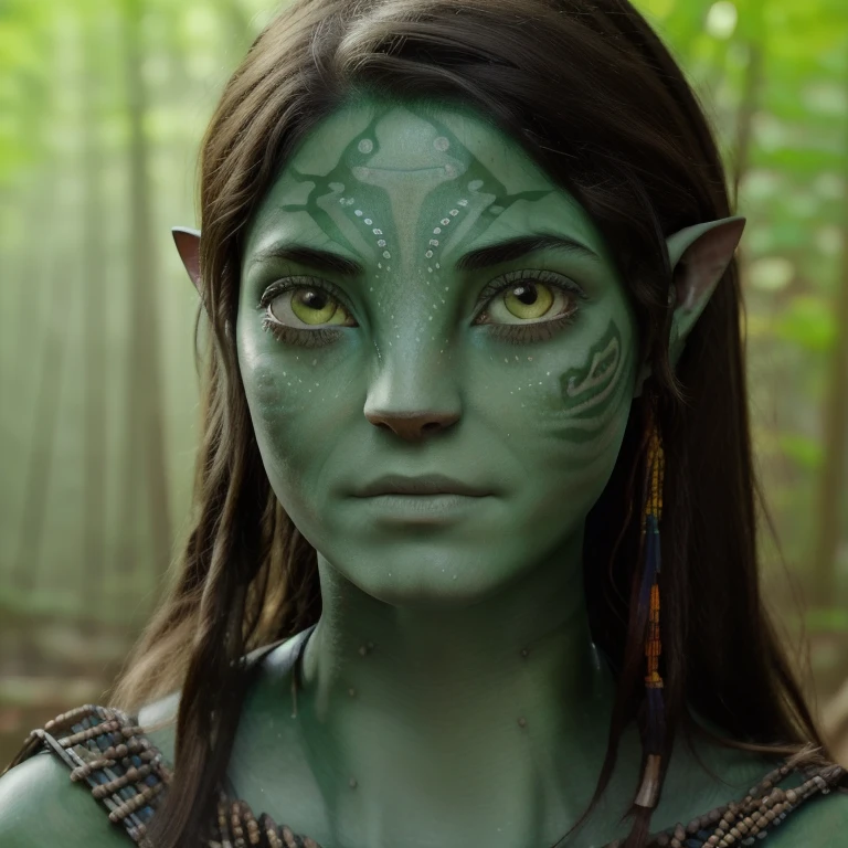 avatar style, (face portrait:1.6), naavi, 1girl, female, (yellow eyes), (big eyes), ((eyebrowless)), pointy ears, (forest green skin tone:1.0), (straight hair:1.0), black hair color, ((short hair)), (()), (young adult), 18 years old, face wrinkles, wearing colorful tribal clothing, (wearing tribal acessories), detailed eyes, toned body, muscled body, vibrant colors, glowing, ethereal atmosphere, surrealistic dreamy lighting, textured skin, otherworldly beauty, mesmerizing photography, (best quality, highres), vivid colors, ultrarealistic, skin details, striped skin, sfw, face close-up:0.5, ultradetailed body, ((green skin)), Brazilian Native, c4m1l4m