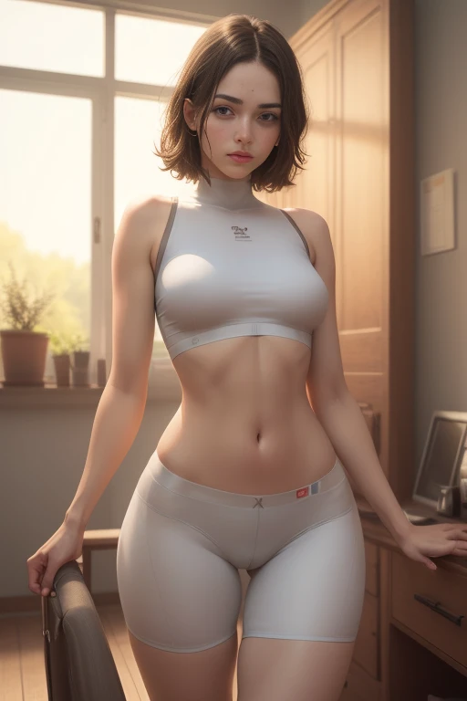 (((ultra realistic, ultra detailed, The best quality, 8k, HDR))), ((woman, small lycra underwear, grey, normal body)), (cameltoe ((mark))), room