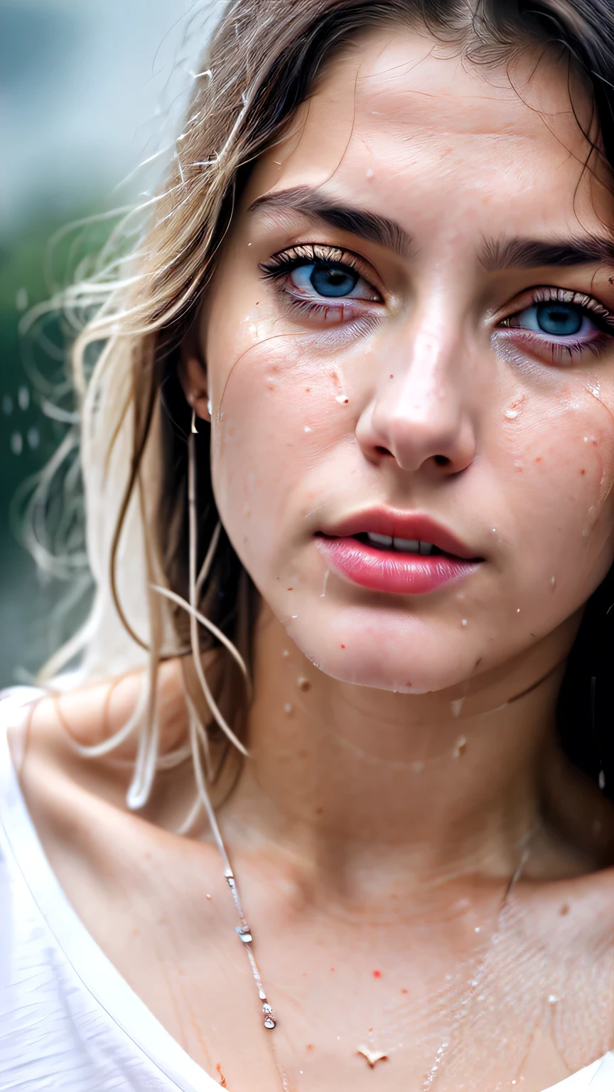1. Angelic Woman, (European Caucasian), White shirt, Ripped jeans, 薄dark, dark, despair, rage, movie, tears, (Torn clothes), (Wet clothes), Exposing shoulders, Real Rain, Wet Hair、masterpiece, 最high quality, high quality, High resolution,(((Face close-up)))