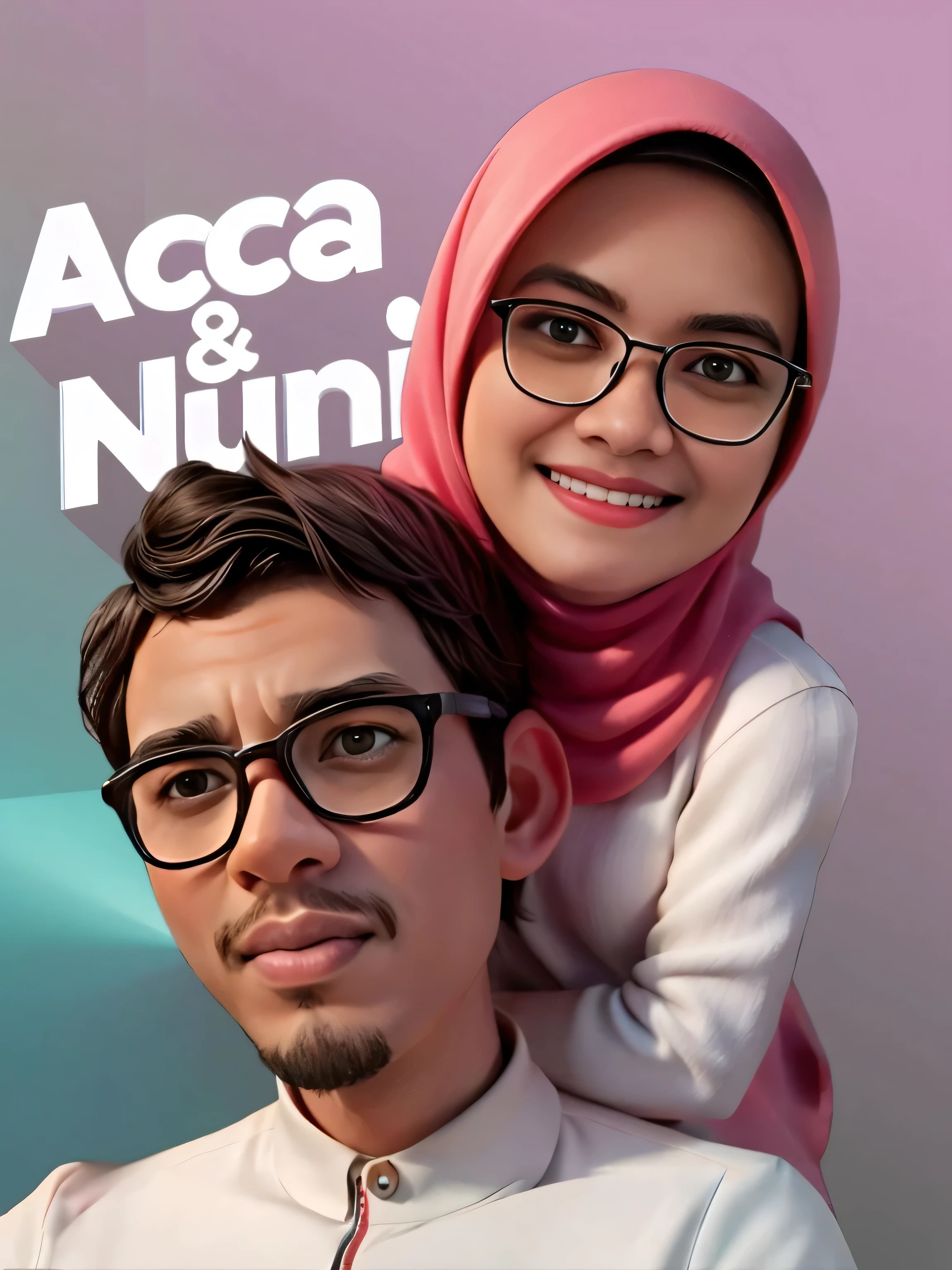 3D, cartoon, man with sunglasses and woman with pink hijab
