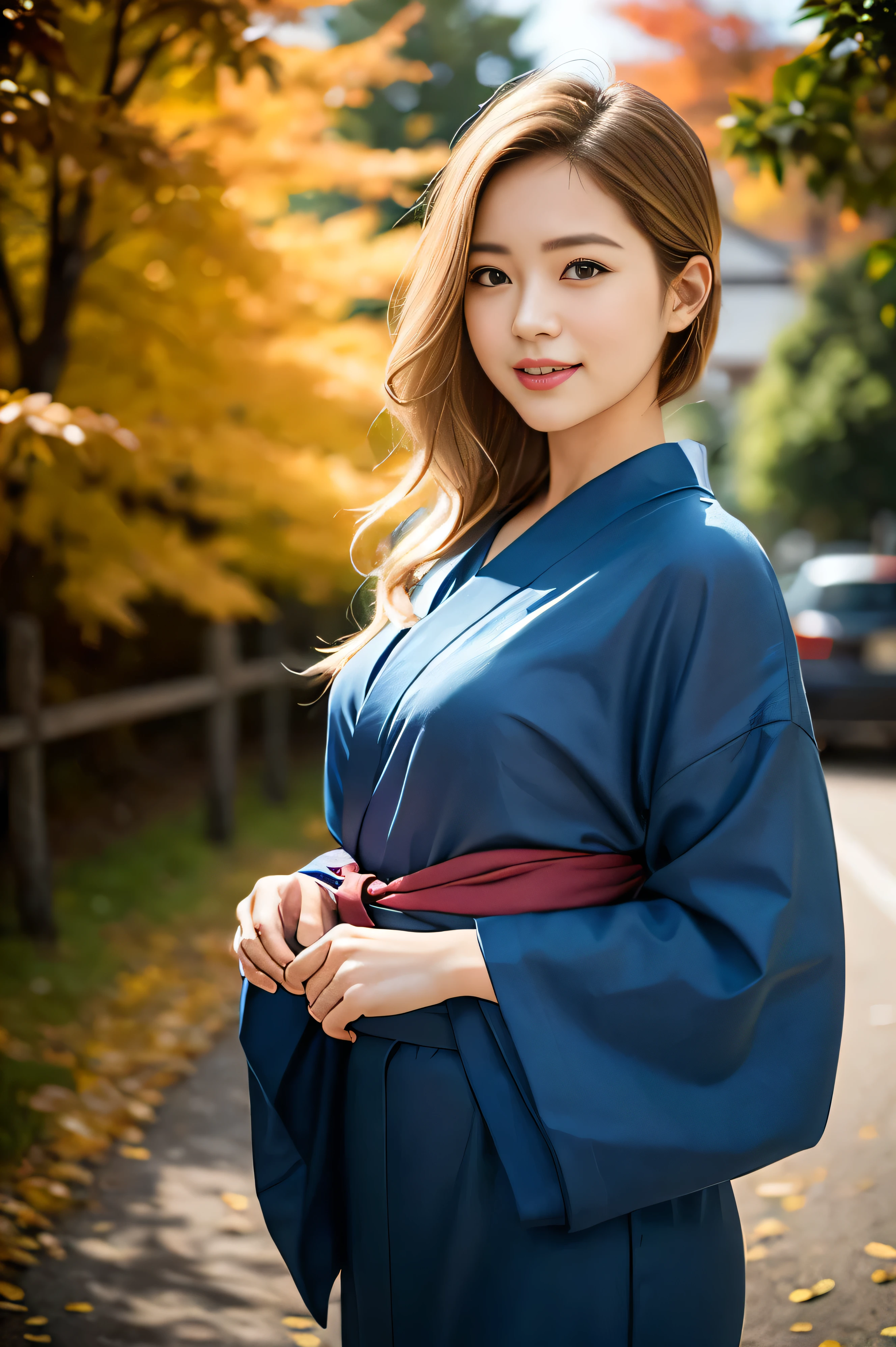 (8k、Raw photo、highest quality、masterpiece:1.2)、(Realistic、Photorealistic:1.37)、Ultra-detailed、超A high resolution、1 girl、Seeing the viewer、Beautifully detailed face、Laughter、narrow、(Narrow waist) :1.3)、Beautifully detailed skin、Skin Texture、Floating Hair、Professional Lighting、Human whole body、Blonde、Japanese Yukata、Floral Yukata、Autumn leaves pattern yukata、autumn's、autumn leaves、autumn's、autumn leaves、Red ribbon、Bob Hair、Smile、Sappin'、Hair Bun