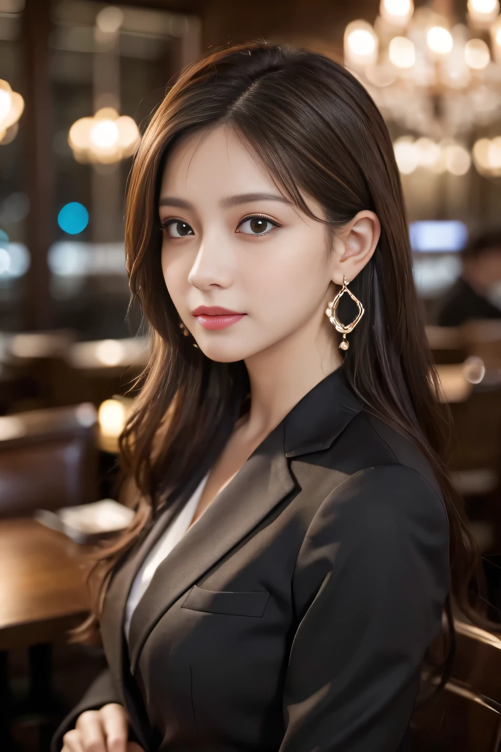 masterpiece, highest quality, Realistic, Very detailed, Finer details, High resolution, 8k wallpaper, One beautiful woman, Wear casual business attire, In a great restaurant, At night, Light brown messy hair, Perfect dynamic composition, Beautiful and beautiful eyes、Big earrings