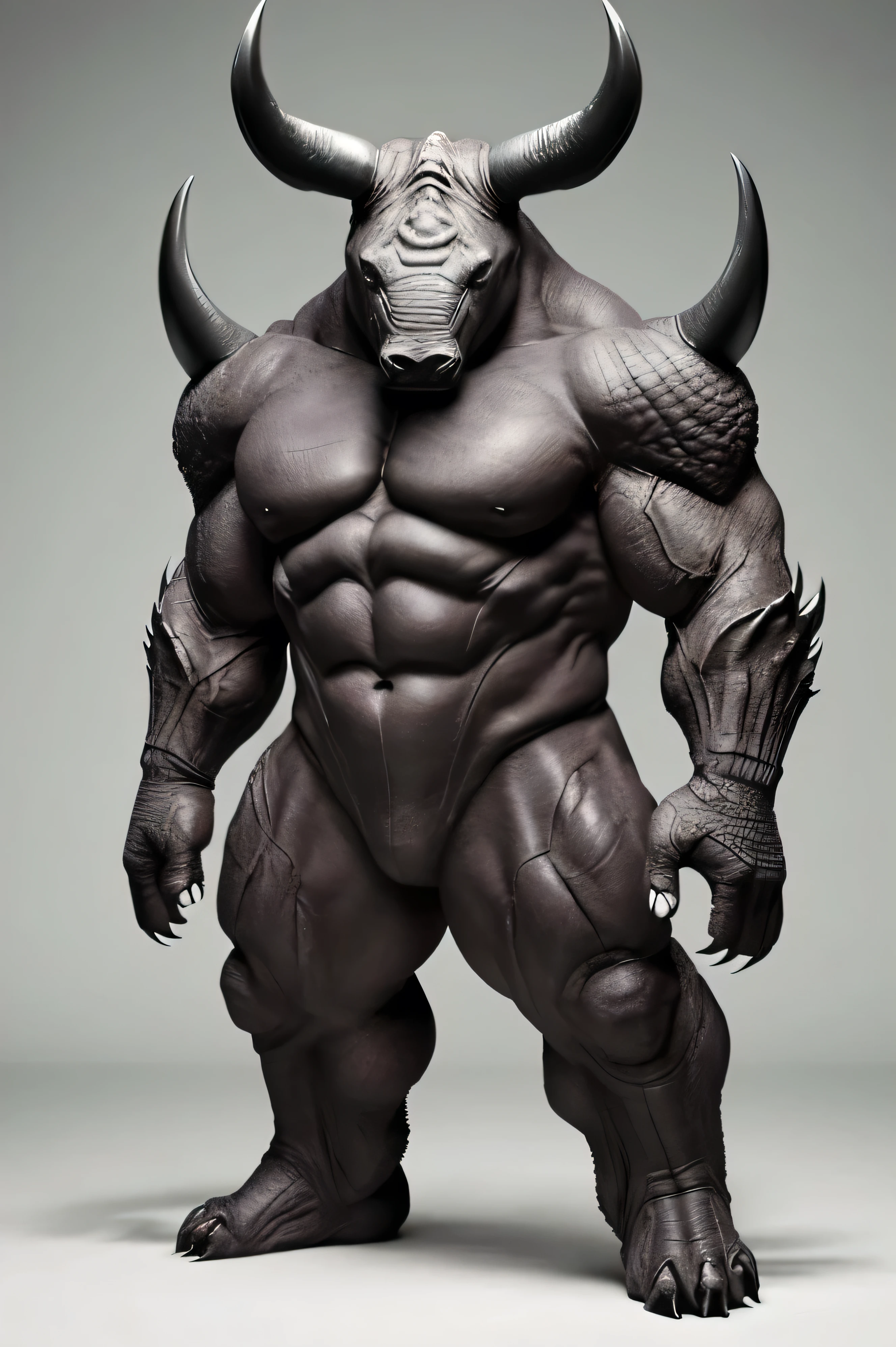 monster、mammalian system、Rhino-like skin、big、Transcendent Real、Impossible shape、feet、Claws、The joint is anatomically consistent、Scary、Horns growing、Has fangs、looks strong、It's slimy、8K、Photorealistic、jungle