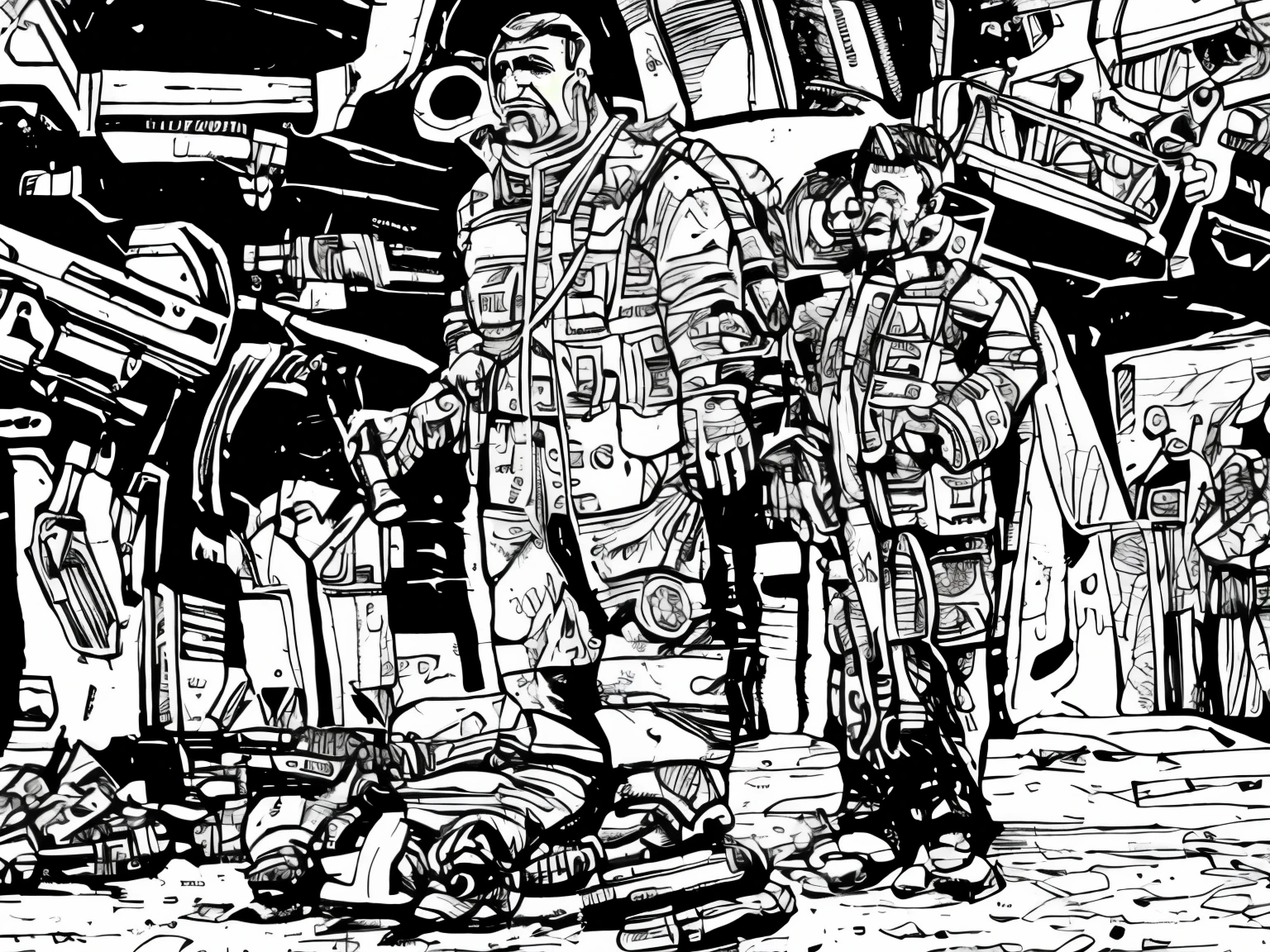 ((1 man, grey scale)), vest, sci-fi, pistol, tools, weapons, suit, speaking, worn out, guards, helmet