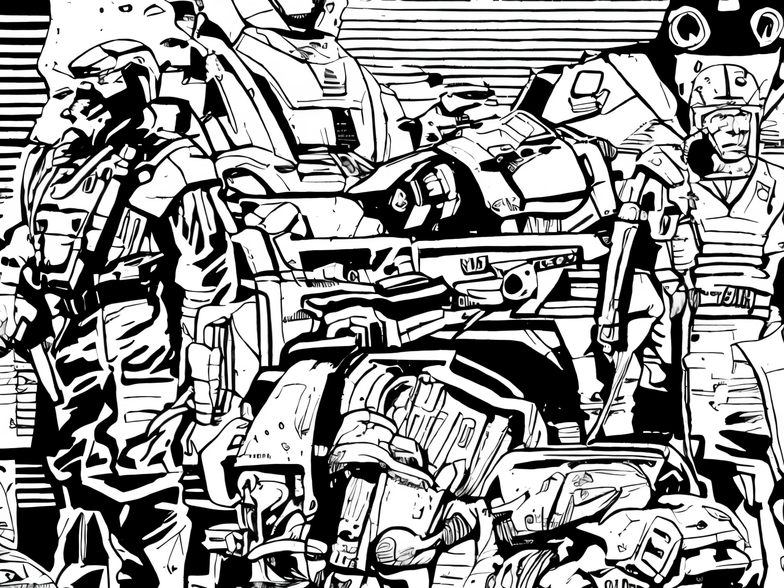 ((1 man, grey scale)), vest, sci-fi, pistol, tools, weapons, suit, speaking, worn out, guards, helmet