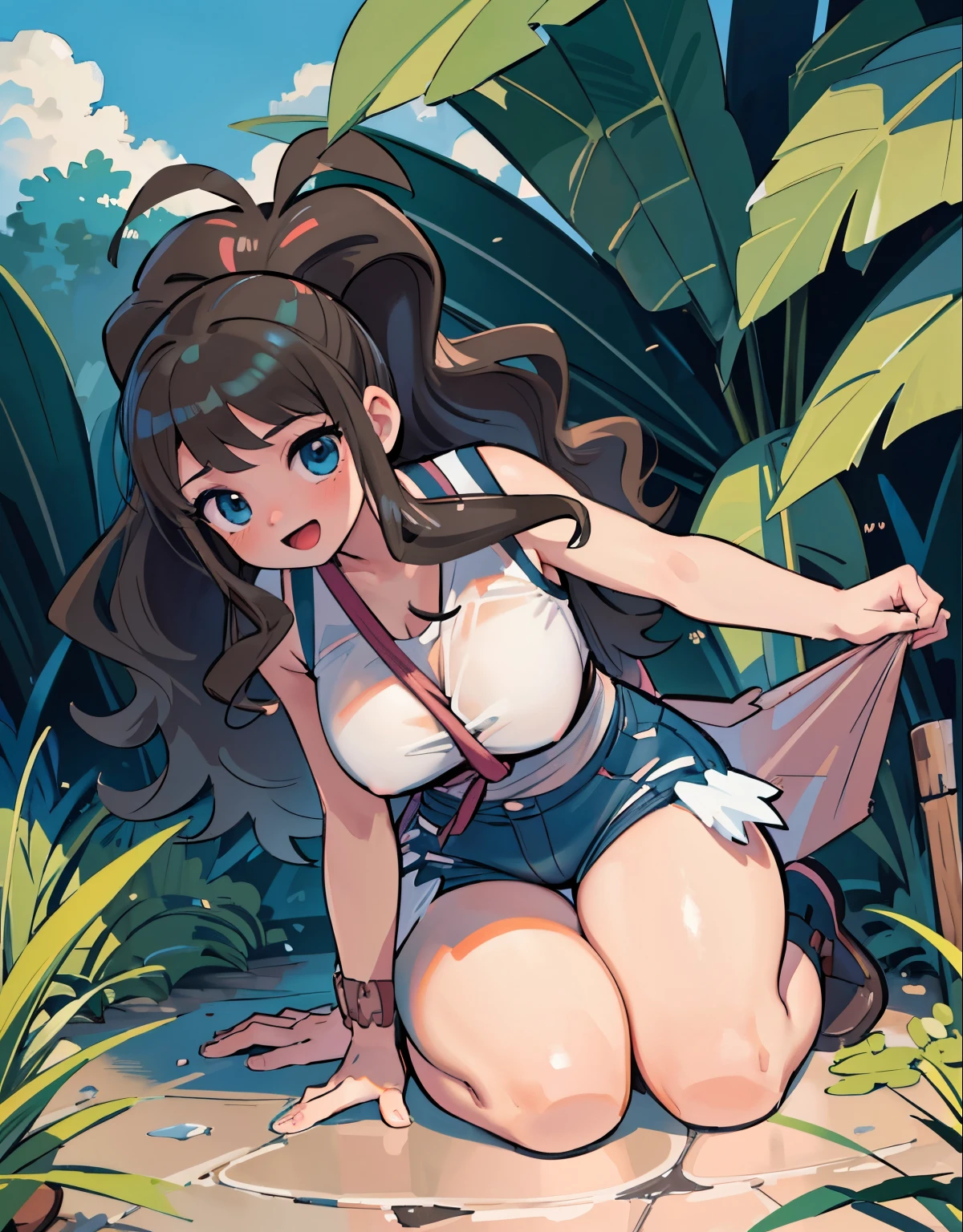 (best quality,4k,8k,highres,masterpiece:1.2),ultra-detailed,(realistic,photorealistic,photo-realistic:1.37)highres,portrait,beautiful girl, ultra-detailed, realistic:1.37, sketches, hilda pokemon, def1, full body, detailed eyes, beautiful eyes, anime style eyes, perfect hands, curvy, visible thighs, chubby thighs, thighs in the foreground, loved look, open mouth, smile, encanto femenino, in some Mayan ruins, tropical setting, lost civilization, dinamic pose