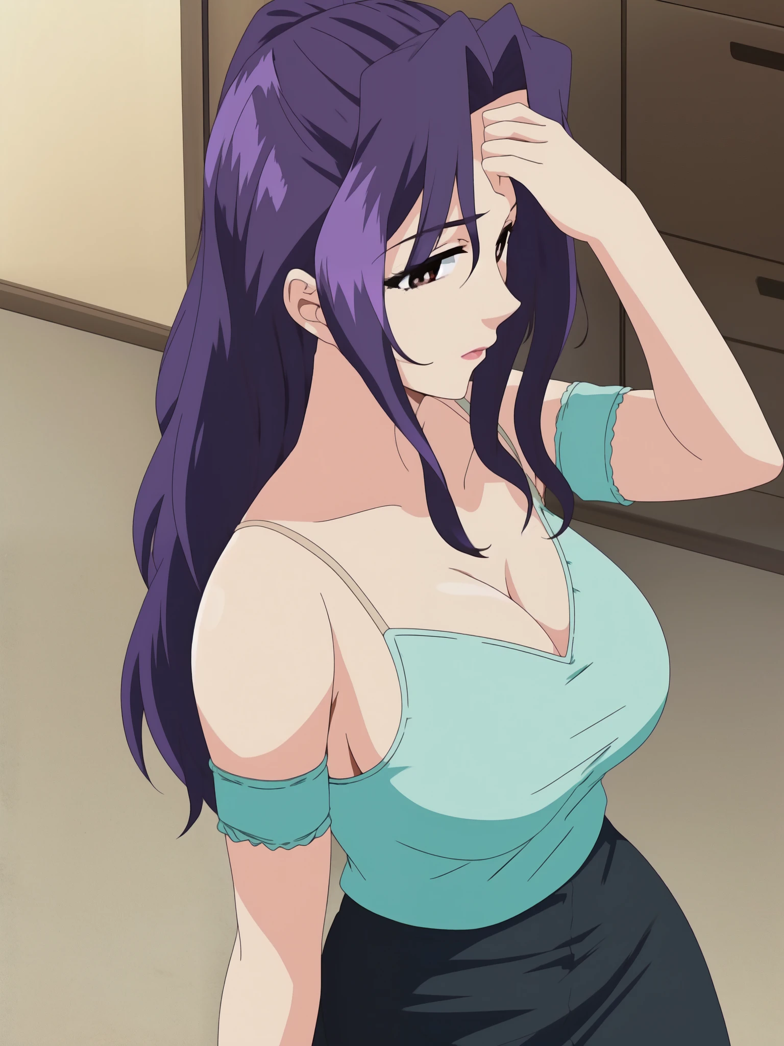 Armpit Show,No sleeve,One girl, alone, Long Hair, Large Breasts, Cleavage, Brown eyes, good, Purple Hair, black isress, ,Short skirt,  , Mature Woman, wiisow, :is, (masterpiece: 1.0), (Highest_quality: 1.0), 