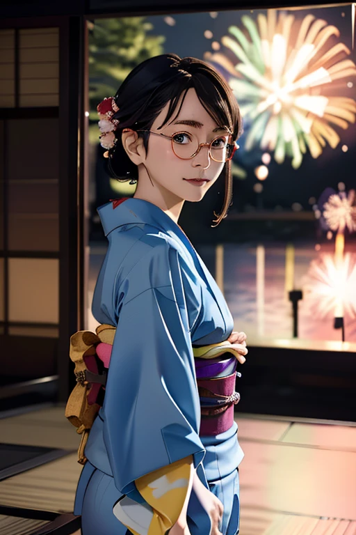 (masterpiece, highest quality), One Girl, Satou, Satou, Glasses, 赤いフレームのGlasses, Yukata, Satou, Glasses, 赤いフレームのGlasses, kimono,head to feet,Fireworks,