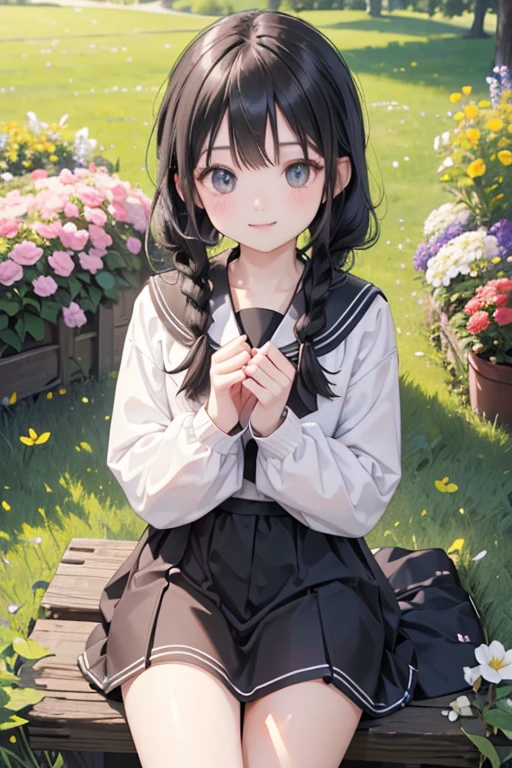 (8k, highest quality, Tabletop:1.2)、Ultra-high resolution、Ultra-detailed, Cowboy Shot, Symmetrical, 1 girl aged 13, Detailed face、smile, black eye, Black Hair, Braid, White socks, Black Loafers, Black Sailor Suit, White panties, garden, flower bed, Sitting on the grass