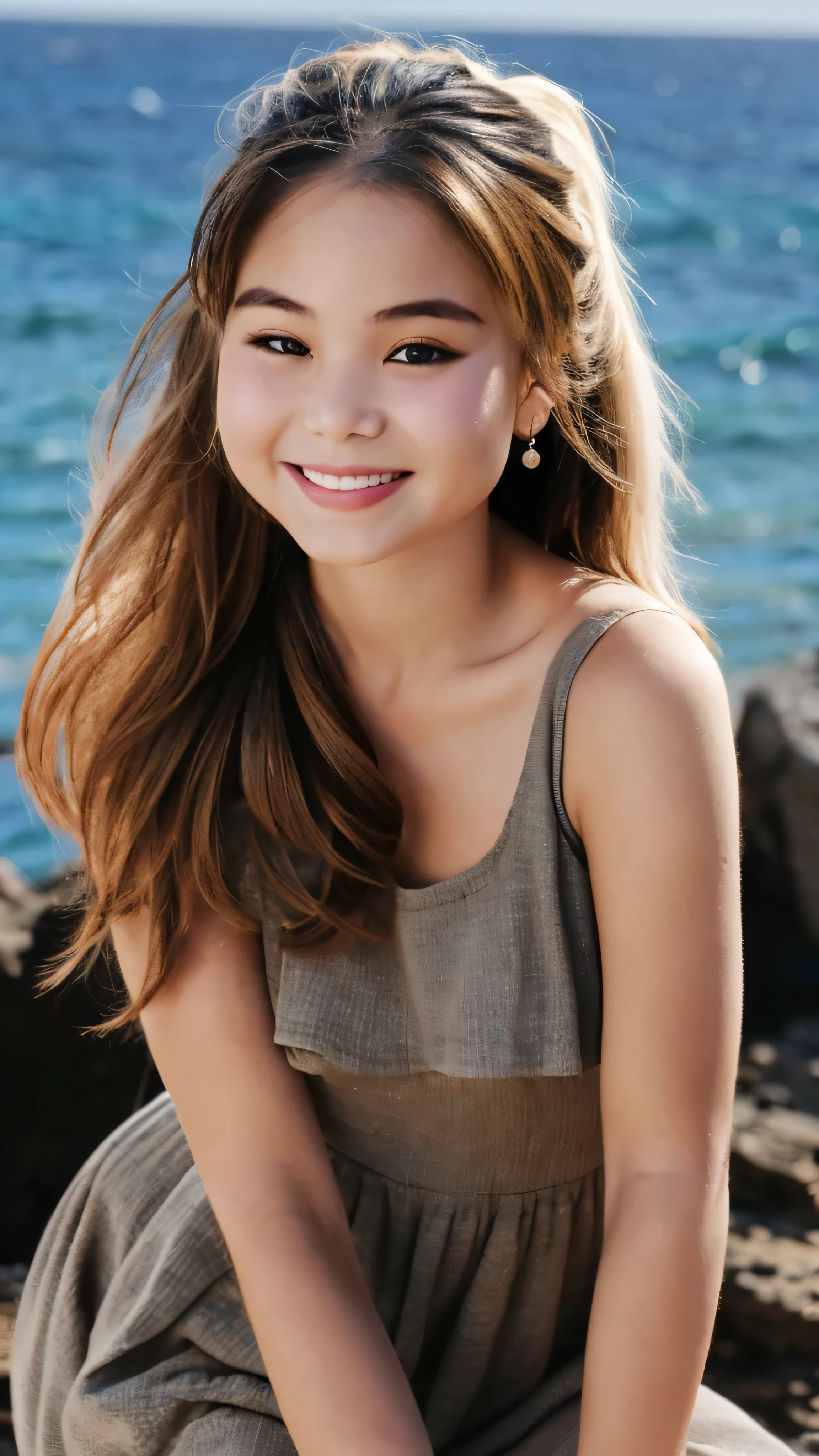 1 girl, alone, looking at the viewer, dark blonde long hair, hair is tied up, camisole dress, brown eyes, Coastal rocky background, small breast , smile, realistic, masterpiece, 最high quality, high quality, High resolution,