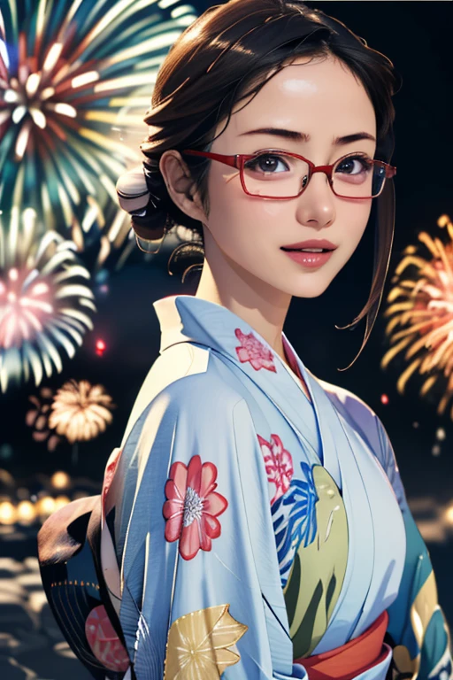 (masterpiece, highest quality), One Girl,  Satou, Satou, Glasses, 赤いフレームのGlasses, Yukata, Satou, Glasses, 赤いフレームのGlasses, kimono,head to feet,Fireworks,