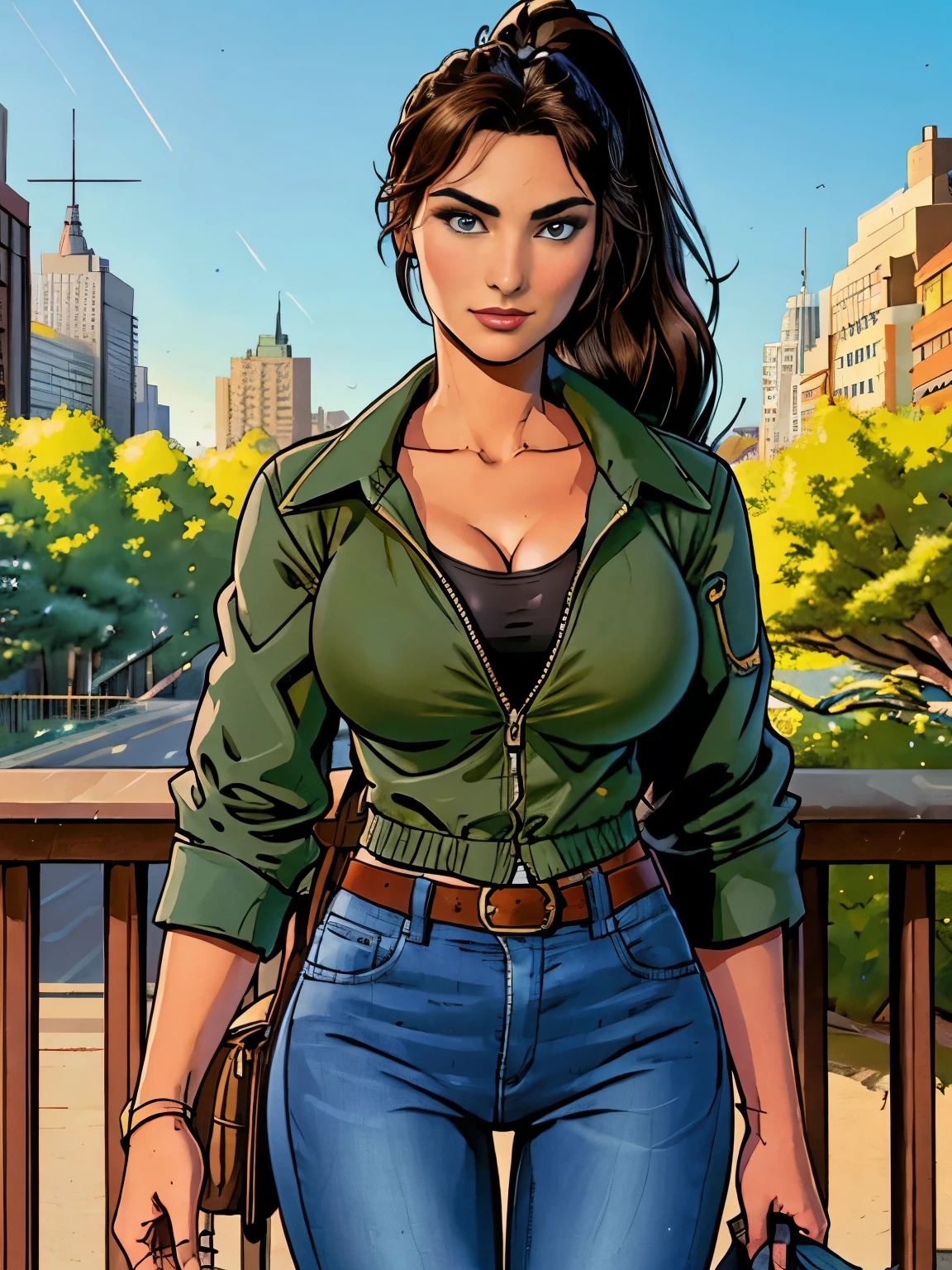 (masterpiece, top quality, best quality, official art, beautiful and aesthetic:1.2), (1girl:1.3), dark brown hair pulled back, elegant updo, extremely detailed, portrait, looking at viewer, facing viewer, solo, (full body:0.6), detailed background, close up, kindly eyes, (warm summer park theme:1.1), busty woman, charlatan, smirk, mysterious, long hair, huge ponytail, slim, thin, athletic, womanly, elastic woman, dark green jacket, tank top, blue jeans, hair bandana, camera bag, brunette, city, heroic, cheerful, city exterior, park, street, daylight, soft lighting, natural lighting, athletic, strong, slim waist, slim hips, long legs, muscular legs, modern (city park exterior:1.1) background, bright mysterious lighting, shadows, magical atmosphere, dutch angle, (Abigail Shapiro)