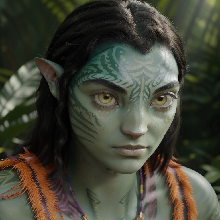 avatar style, (face portrait:1.6), naavi, 1girl, female, (yellow eyes), (big eyes), ((eyebrowless)), pointy ears, (forest green skin tone:1.0), (wavy hair:1.0), black hair color, ((short hairstyle)), (()), (young adult), 18 years old, face wrinkles, wearing colorful tribal clothing, (wearing tribal acessories), detailed eyes, toned body, muscled body, vibrant colors, glowing, ethereal atmosphere, surrealistic dreamy lighting, textured skin, otherworldly beauty, mesmerizing photography, (best quality, highres), vivid colors, ultrarealistic, skin details, striped skin, sfw, face close-up:0.8, ultradetailed body, ((green skin)), Brazilian Native, c4m1l4m