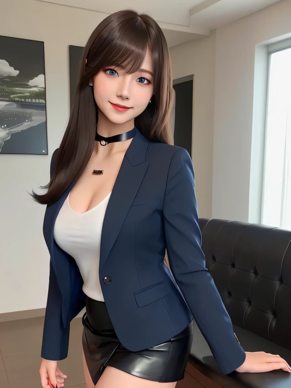 (Highest quality, 8K, Tabletop, Ultra HD: 1.3), Dark blue business suit, 20-year-old、Bans、smile, Black choker, Blue Eyes, Red lipstick, Very long eyelashes, Big breasts family, noble, bangs, Straight long hair with brown hair, President&#39;s office, ((Full body portrait:1.5, Thighs)), mini skirt, high waist, Hair tied back