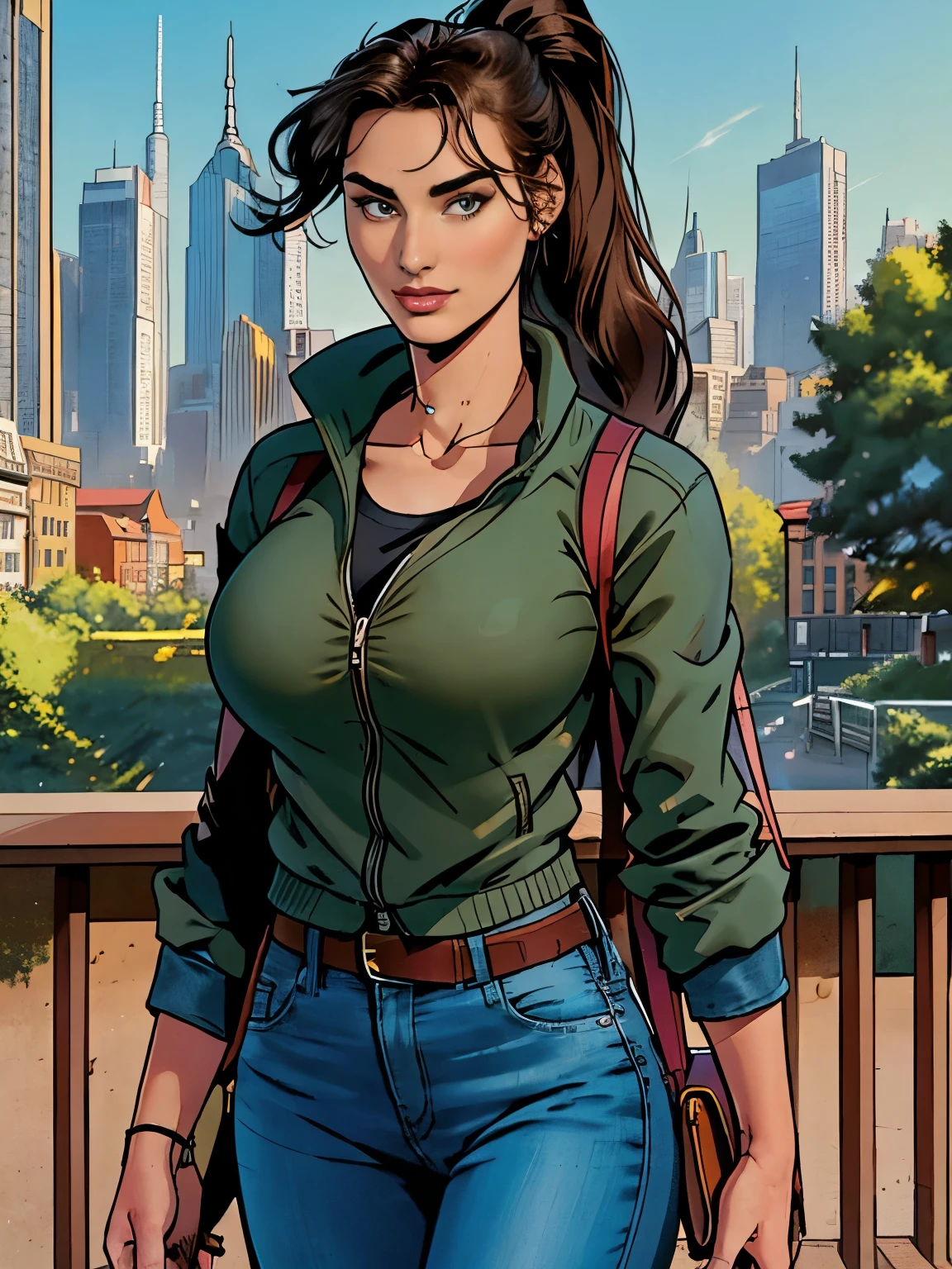 (masterpiece, top quality, best quality, official art, beautiful and aesthetic:1.2), (1girl:1.3), dark brown hair pulled back, elegant updo, extremely detailed, portrait, looking at viewer, facing viewer, solo, (full body:0.6), detailed background, close up, kindly eyes, (warm summer park theme:1.1), busty woman, charlatan, smirk, mysterious, long hair, huge ponytail, slim, thin, athletic, womanly, elastic woman, dark green jacket, tank top, blue jeans, hair bandana, camera bag, brunette, city, heroic, cheerful, city exterior, park, street, daylight, soft lighting, natural lighting, athletic, strong, slim waist, slim hips, long legs, muscular legs, modern (city park exterior:1.1) background, bright mysterious lighting, shadows, magical atmosphere, dutch angle, (Abigail Shapiro)
