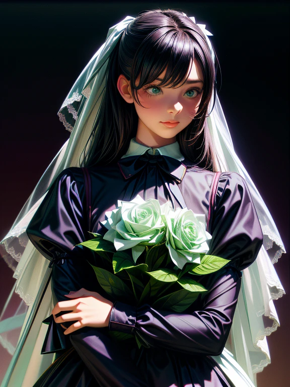 ((masterpiece, highest quality)),Best aesthetics,One girl, alone, Long Hair, Black Dress, flower, ribbon, Black background, Black Hair, Rose, hair ribbon, Green Eyes, Long sleeve, white Rose, Mouth closed, black ribbon, Upper Body, Cinema Lighting