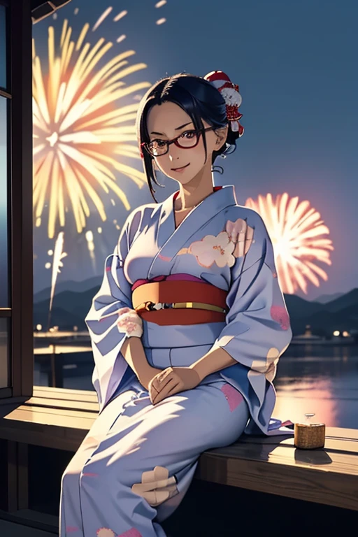 (masterpiece, highest quality), One Girl, Satou, Satou, Glasses, 赤いフレームのGlasses, Yukata, Satou, Glasses, 赤いフレームのGlasses, kimono,head to feet,Fireworks,