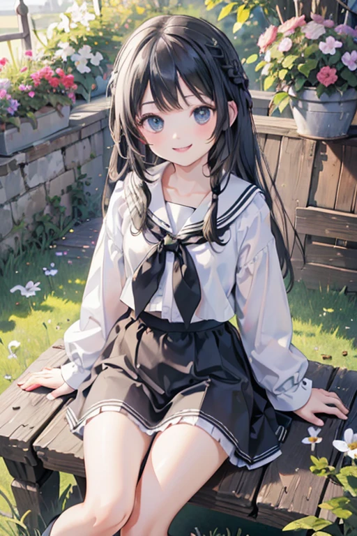 (8k, highest quality, Tabletop:1.2)、Ultra-high resolution、Ultra-detailed, Cowboy Shot, Symmetrical, 1 girl aged 13, Detailed face、smile, black eye, Black Hair, Braid, White socks, Black Loafers, Black Sailor Suit, White panties, garden, flower bed, Sitting on the grass