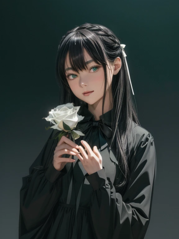 ((masterpiece, highest quality)),Best aesthetics,One girl, alone, Long Hair, Black Dress, flower, ribbon, Black background, Black Hair, Rose, hair ribbon, Green Eyes, Long sleeve, white Rose, Mouth closed, black ribbon, Upper Body, Cinema Lighting