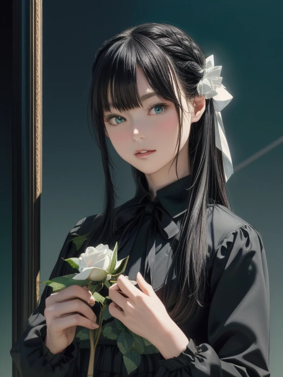 ((masterpiece, highest quality)),Best aesthetics,One girl, alone, Long Hair, Black Dress, flower, ribbon, Black background, Black Hair, Rose, hair ribbon, Green Eyes, Long sleeve, white Rose, Mouth closed, black ribbon, Upper Body, Cinema Lighting