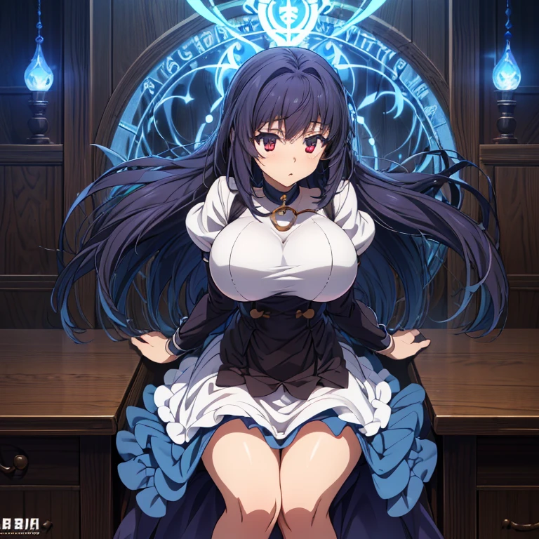 (( dakimakura, ultra gigantic breasts, tattoos )), Powerful Magic、Young witch、mature、Sincere look、Powerful vibrations、Obedient、Incredible precision、High-end clothing、detailed fabric、Sitting on a chair in the lab, looking towards me、Courteous attitude、Correct etiquette、Very favorable、Wooden magic room、Magic Activation、A very beautiful magic circle、POV、(ultra detailed breast skin texture, ultra enormous gigantic breast expansion, ), (pov, cinematic lighting, hetero, in nanoha style, girls, spreading legs, cameltoe, skirt , detailed pointy breasts, detailed skin, ),