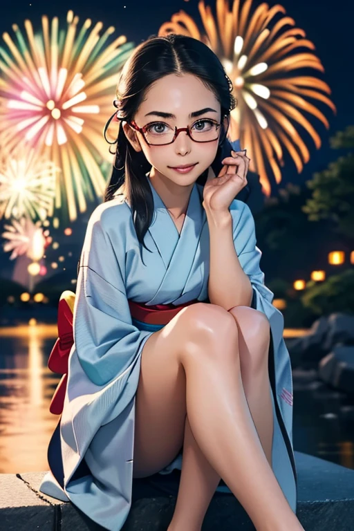 (masterpiece, highest quality), One Girl,  Satou, Satou, Glasses, 赤いフレームのGlasses, Yukata, Satou, Glasses, 赤いフレームのGlasses, kimono,head to feet,Fireworks,