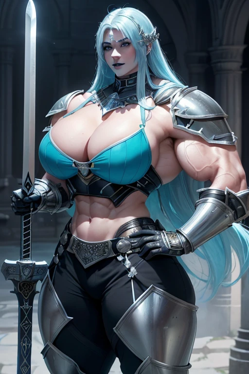 ((((Massive, tall, beautiful, buff, pale white skinned muscular female knight with cyan hair, black lipstick, ginormous bulky muscles, holding a sword and wearing an all cyan gleaming knight armor with hauberk and pants)))), (close view), black eyeliner, massive muscles, massive biceps, hyper muscle triceps, (beachy long hair), purple eyes, knight boots, In a castle, hauberk, steel knight armor, armor breastplate, nighttime, confident smile, (hyper muscles arms), hyper muscle legs, (ginormous arms))