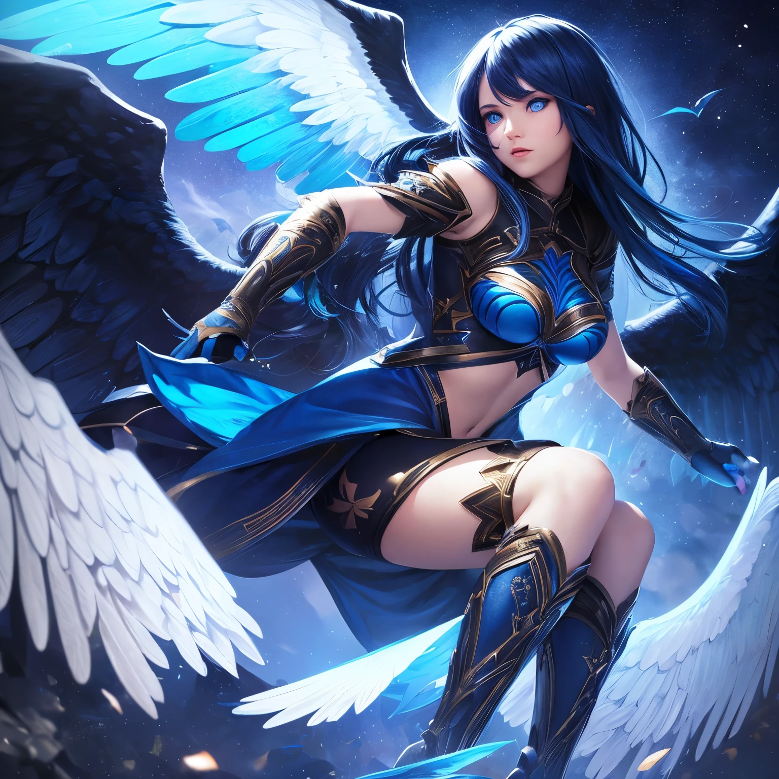 Aasimar, Girl, midnight blue hair, blue eyes, blue skin